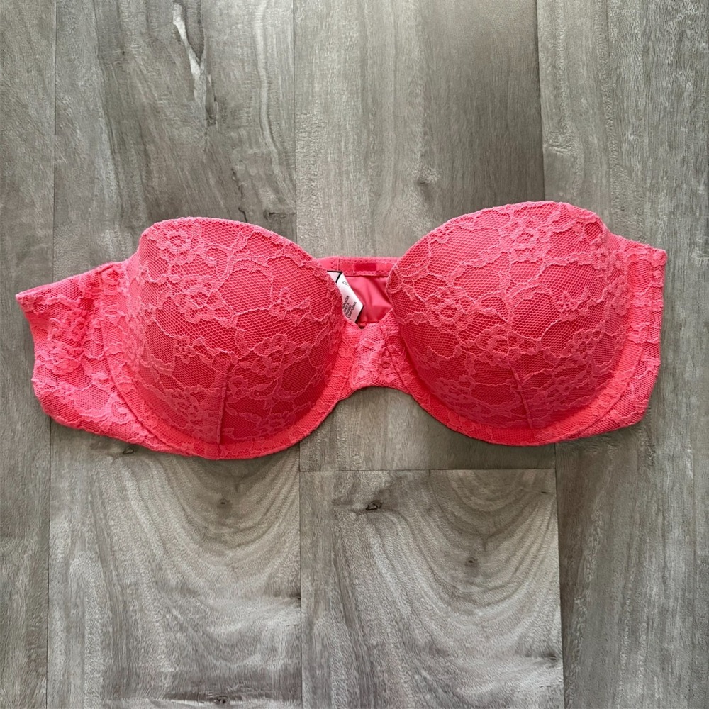 Victoria's Secret Pink Floral Lace Strapless Bra 34A Multi-Way Padded Underwire